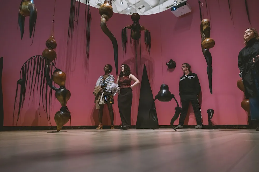 People stand in immersive installation. 