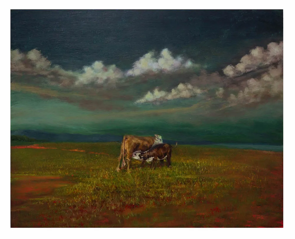 oil painting of two cows in a field beneath a cloudy sky