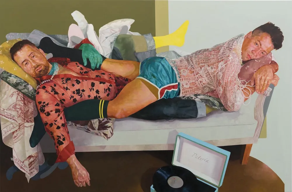 Painting of two men lying on a couch. 