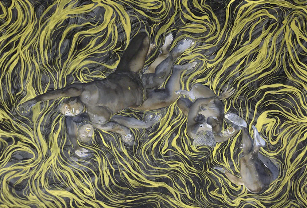 Painting of grey figures swimming in green seaweed-like grasses. 