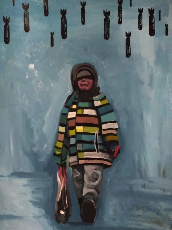 Visual art depicting a sad individual with bombs dropping overhead