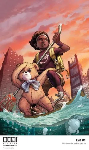 Cartoon illustration of young character and living teddy bear