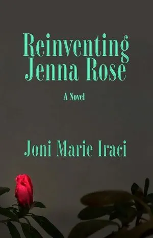 Iraci book cover, grey with teal text and red flower
