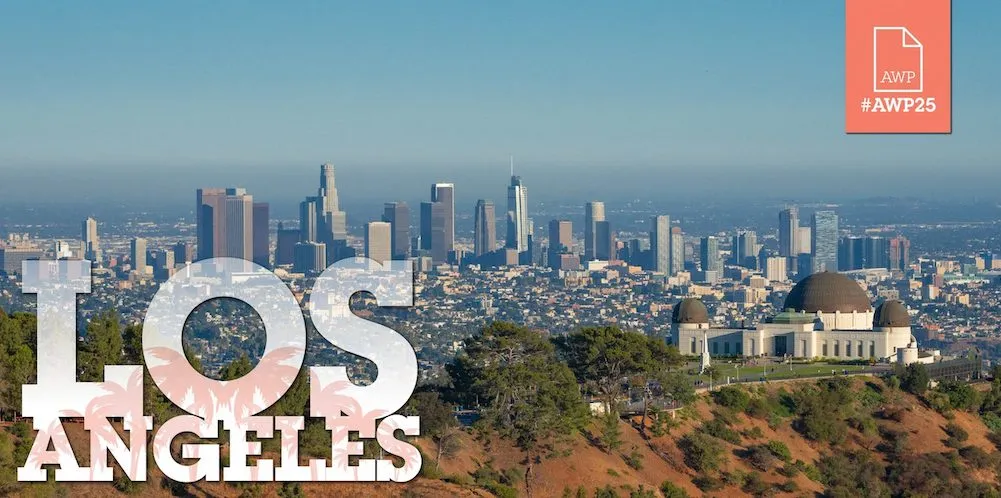 An aerial photo of Los Angeles with the AWP logo in the corner. 