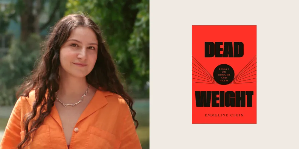 Headshot of Emmeline Clein alongside cover of 'Dead Weight'