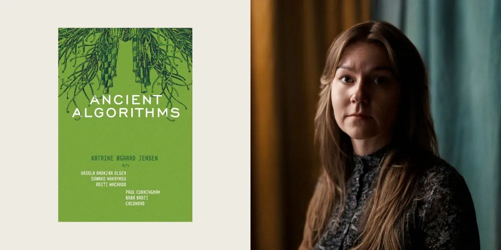 book cover of 'Ancient Algorithms' next to headshot of Katrine Øgaard Jensen