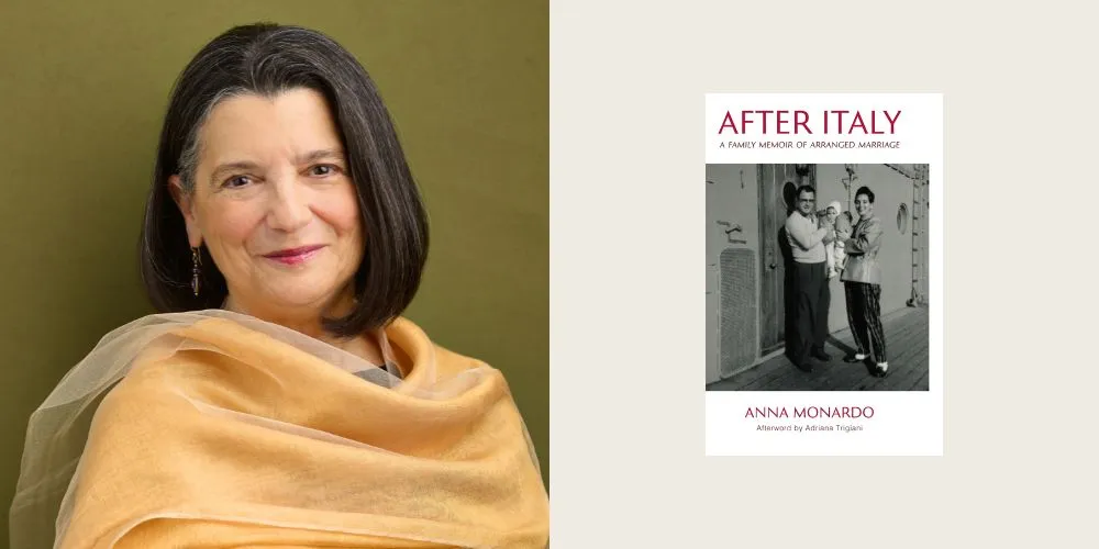 Headshot of Anna Monardo alongside the cover of her new book. 