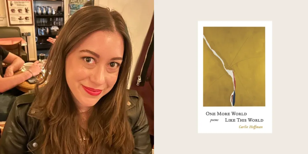 Headshot of Carlie next to a photo of her new book
