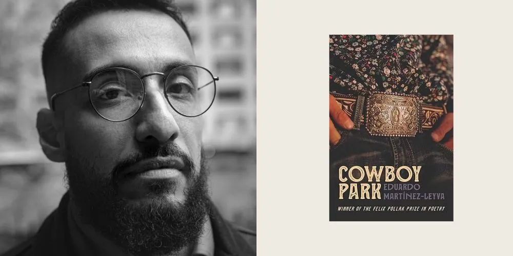 headshot of Eduardo Martínez-Leyva next to book cover for 'Cowboy Park'