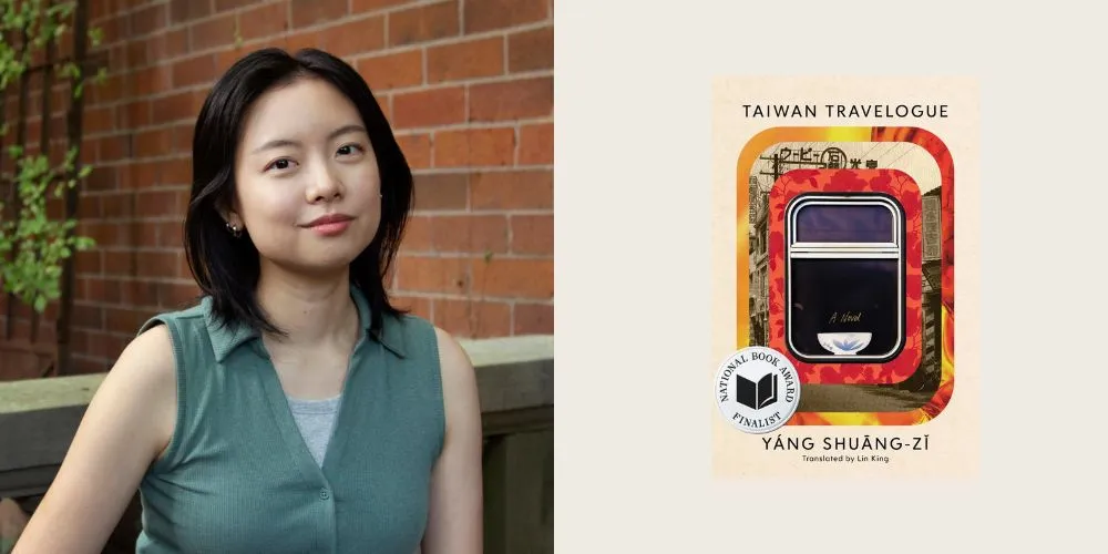 Diptych image of a woman in a green top in front of a red brick wall and a book cover on with a window and white bowl on the right. 