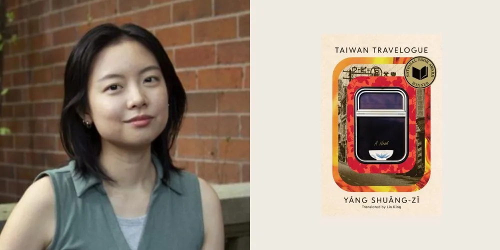 headshot of Lin King next to book cover for 'Taiwan Travelogue'