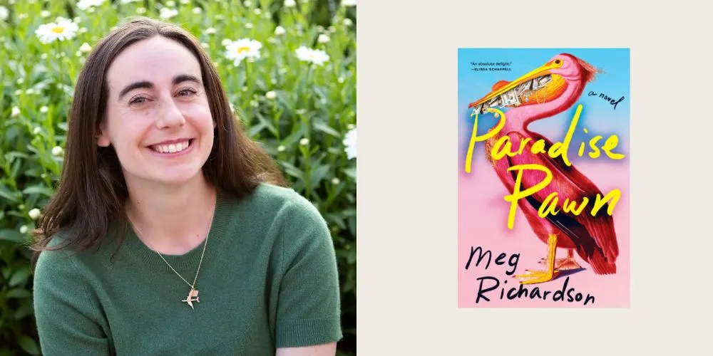 Paradise Pawn book cover and Meg Richardson headshot