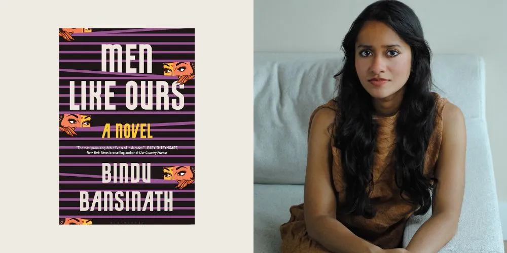'Men Like Ours' book cover with Bindu Bansinath headshot. 