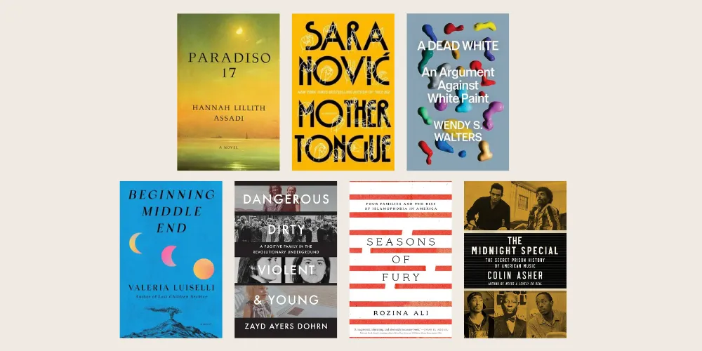 Book covers: 'Paradiso 17,' 'Mother Tongue,' 'A Dead White,' 'Beginning Middle End,' 'Dangerous Dangerous, Dirty, Violent, and Young: A Fugitive Family in the Revolutionary Underground,' 'Seasons of Fury: Four Families and the Rise of Islamophobia in America,' 'The Midnight Special.' 