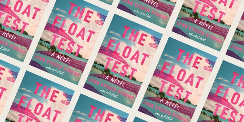 Book cover with pink text and a landscape repeated diagonally. 