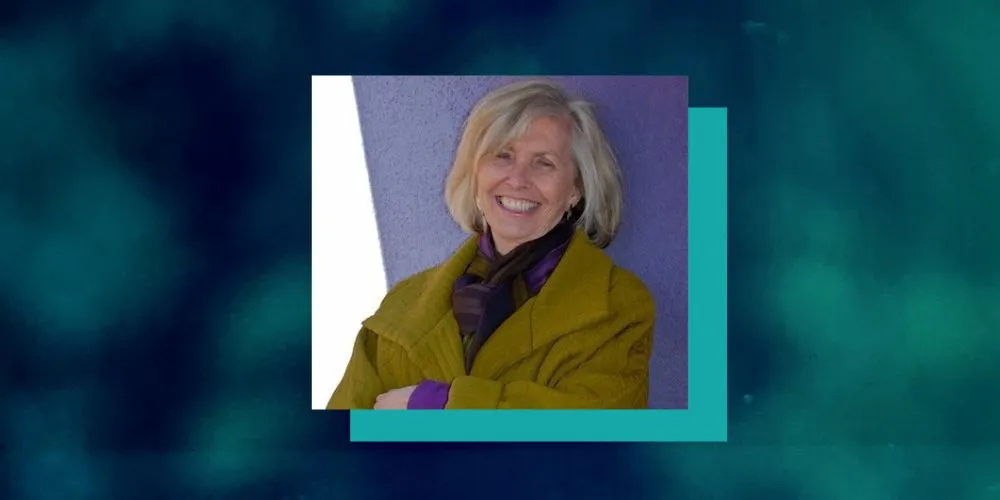Headshot of Pamela McCorduck on blue background