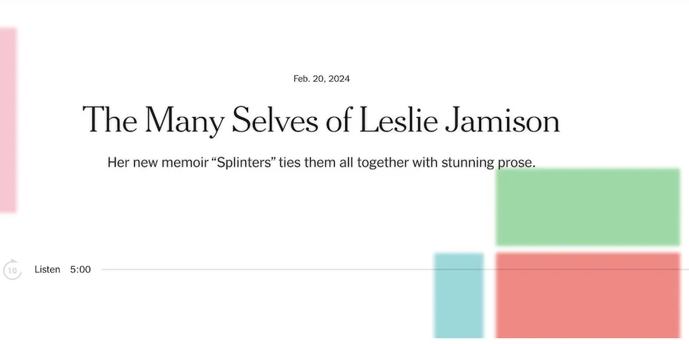 headline and color blocks "the many selves of leslie jamison"