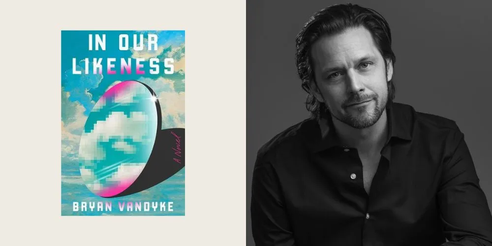 Book cover with turquoise sky next to black and white photo of man. 