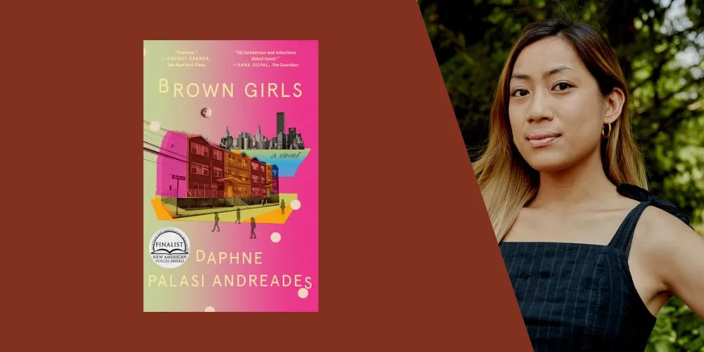 Headshot of Daphne Palasi Andreades alongside the cover of her book, Brown Girls