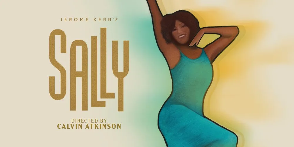 Poster of Sally directed by Calvin Atkinson, featuring a woman in a bright teal blue dress, posing with one arm up and the other bent, the palm tucked beneath her chin.