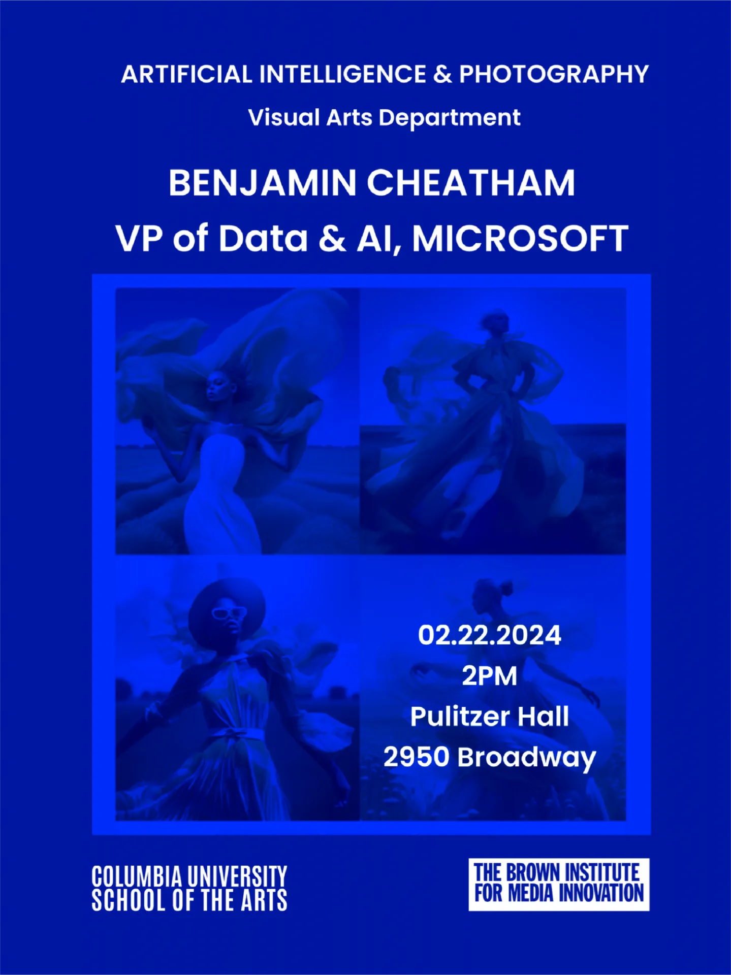 bright blue poster with text and images of altered photographs