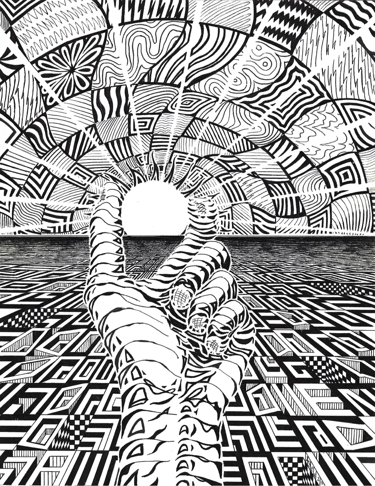 drawing of hand holding the sun on a horizon