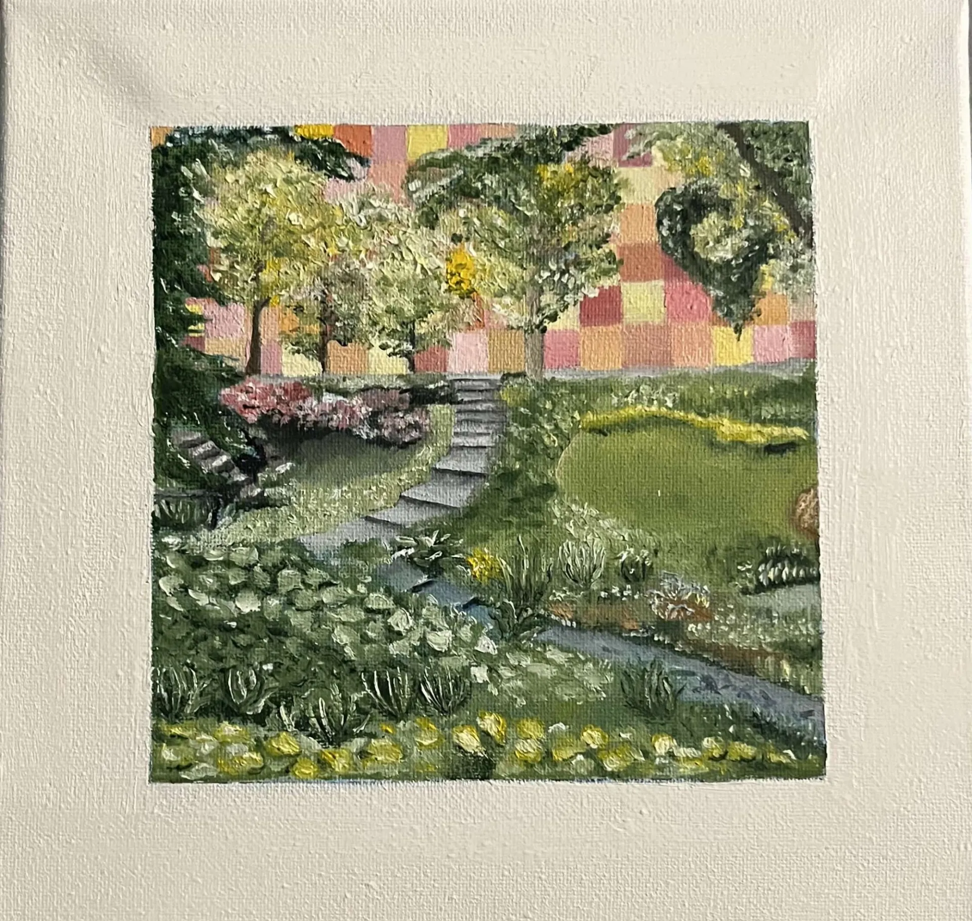 painting of park with trees