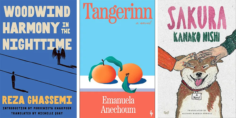 From L-R: WOODWIND HARMONY IN THE NIGHTTIME by Reza Ghassemi, tr. Michelle Quay; TANGERINN by Emanuela Anechoum, tr. Lucy Rand;  SAKURA by Kanako Nishi, tr. Allison Markin Powell