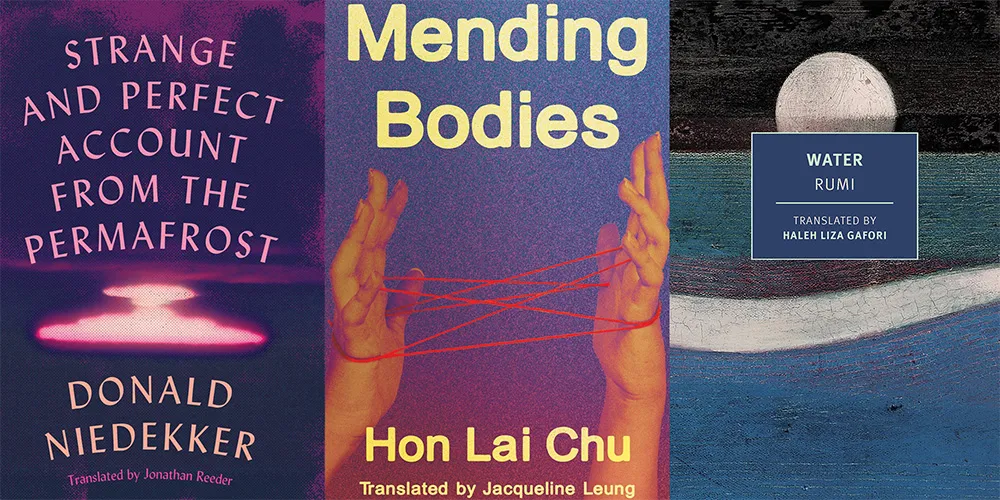 From L-R: STRANGE AND PERFECT ACCOUNT FROM THE PERMAFROST by Donald Niedekker, tr. Jonathan Reeder; MENDING BODIES by Hon Lai Chu, tr. Jacqueline Leung; WATER by Rumi, tr. Haleh Liza Gafori