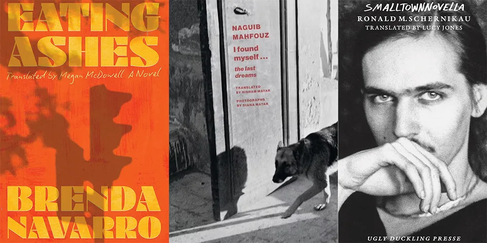 From L-R: EATING ASHES by Brenda Navarro, tr. Megan McDowell; I FOUND MYSELF… by Naguib Mahfouz, tr. Hisham Matar; SMALLTOWNNOVELLA by Ronald M. Schernikau, tr. Lucy Jones
