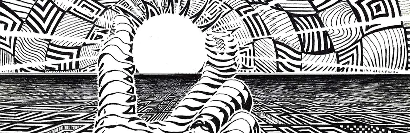 drawing of hand holding sun on the horizon