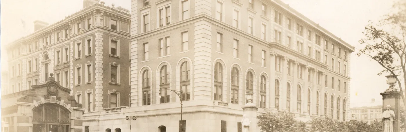Historical black and white image of campus