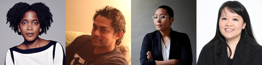 Portraits of the four people: Adama Delphine Fawundu, Naeem Mohaiemen, Racquel Gates, Mynette Louie