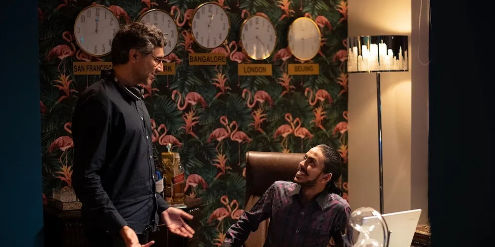 From the set of The White Tiger. Professor Ramin Bahrani (left) and Adarsh Gourav (Balram) (right)
