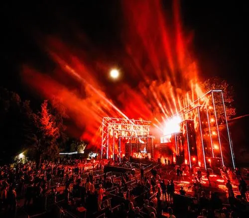 A scene from outside of a concert