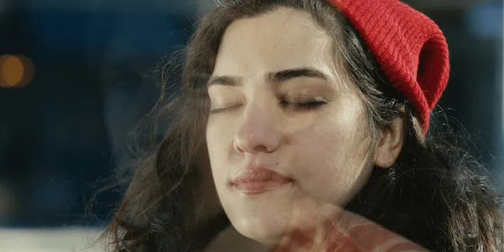 A woman with a red hat