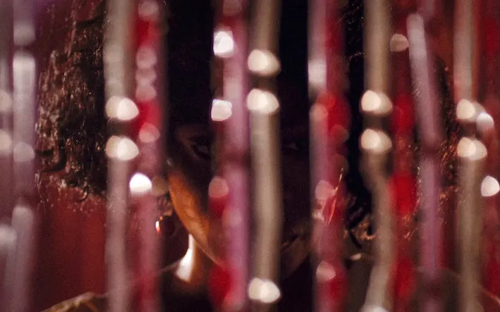A woman behind a string of plastic