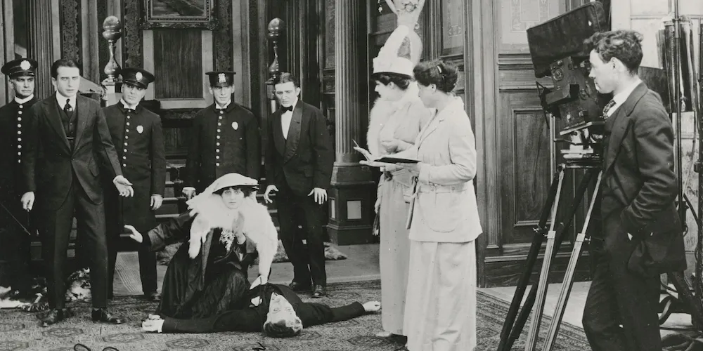 A black and white still from an old movie.