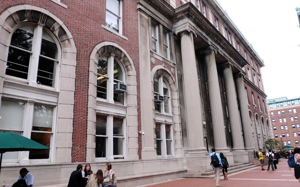 Brick building with columns. 