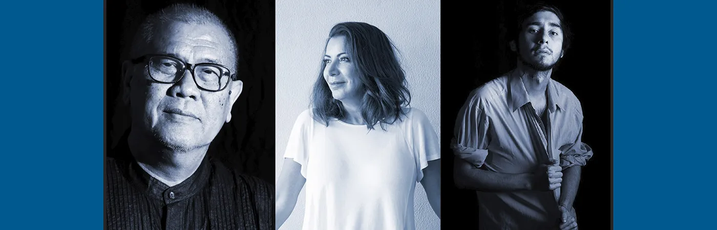 Left to right, international playwrights N. Riantiarno (Indonesia), Raeda Taha (Palestine), and Rinat Tashimov (Russia)