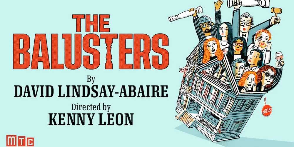 Illustrated poster for The Balusters showing neighbors leaning out of a tilted brownstone building.