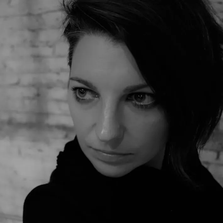 Black and white photo of a brunette woman