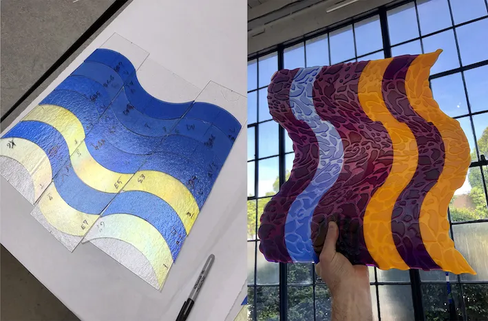 Composing a flag-shaped glass form at the Bullseye Projects Residency, 2019
