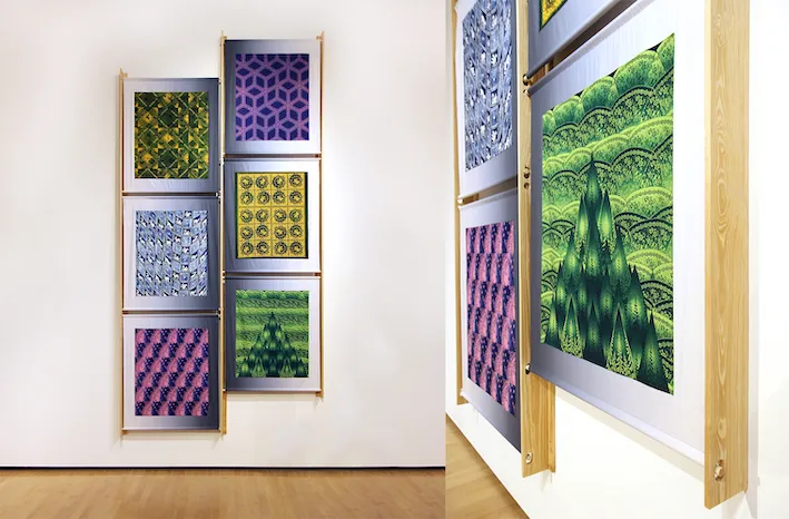 Bohemian Showroom, 2019, Cyanotype and Reactive Dye on Cotton, Wood, 18 x 8 feet