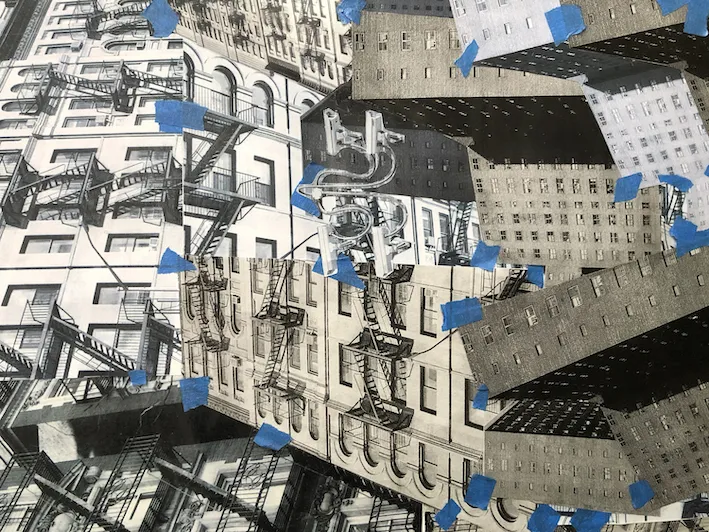 Anguish Reaching Into The Sky, (Detail image), 2020, by Lindsey Brittain Collins Cut-and-pasted inkjet-printed photographs, adhesive tape, and acrylic polymer on wood panel, 72” x 108” (triptych)