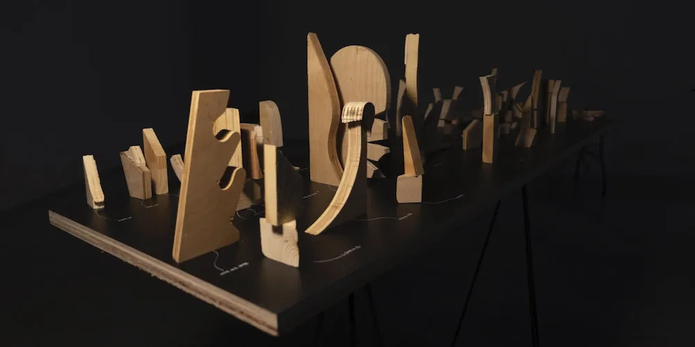 image of the art, wood pieces against a dark background