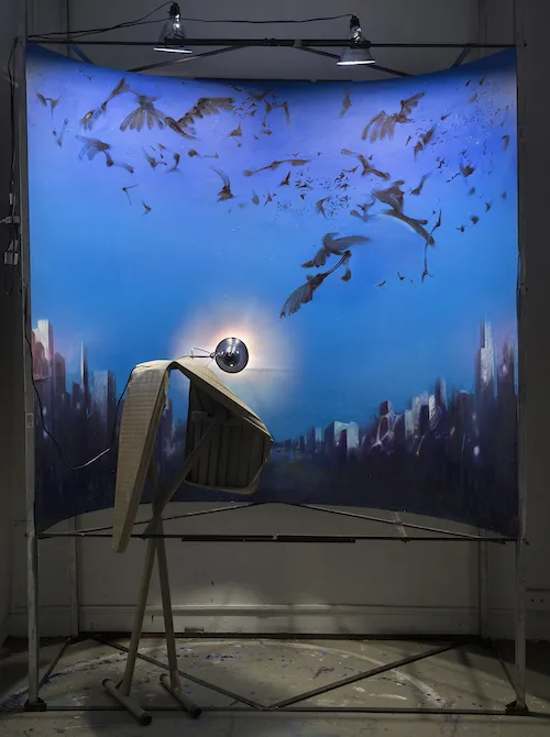 'Vancouver,' 2019 oil on panel, tarp, found fabric, bike tires, light bulb, wood structure, 4x29x16in by Yifan Jiang