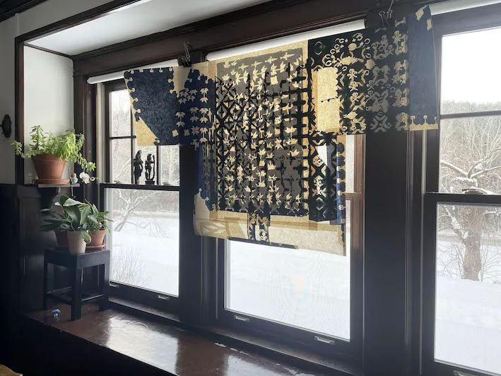 Talismanic Shirt (work in progress), two-sided collage construction composed of studio remnants collected 2014 to the present, by Alyssa Pheobus Mumtaz ’08