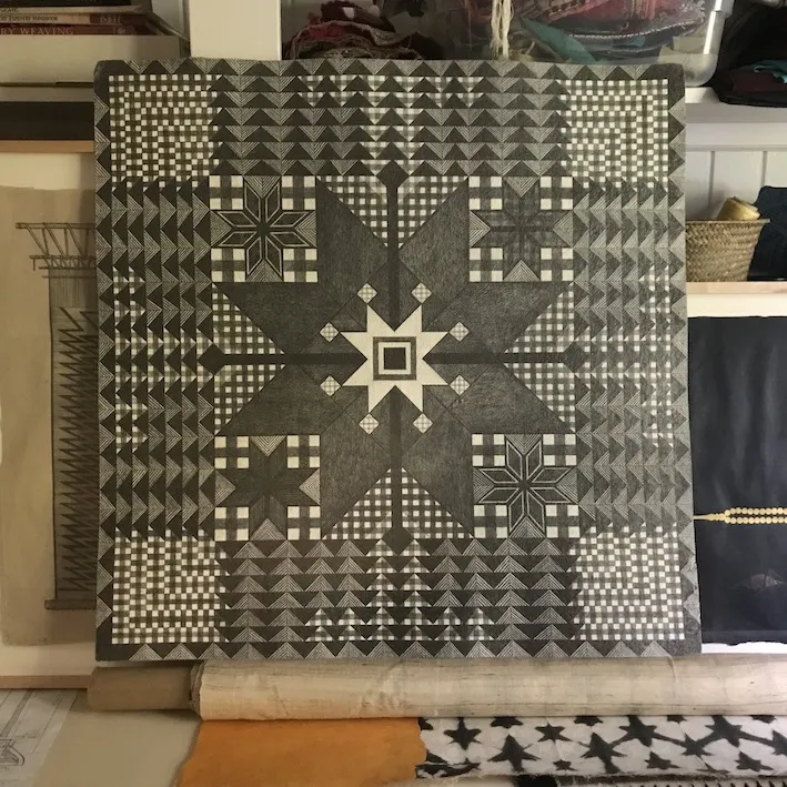 Studio view: Fourness (Design for a star quilt), 2020, Pencil on paper, by Alyssa Pheobus Mumtaz ’08