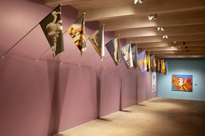 Installation shot of Fantasy America, featuring work by Kambui Olujimi
